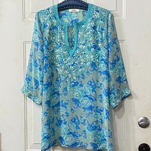 Amaya Sz 40 or M Silk Tunic 3/4 Sleeve Embroidered Turquoise/Blue Floral